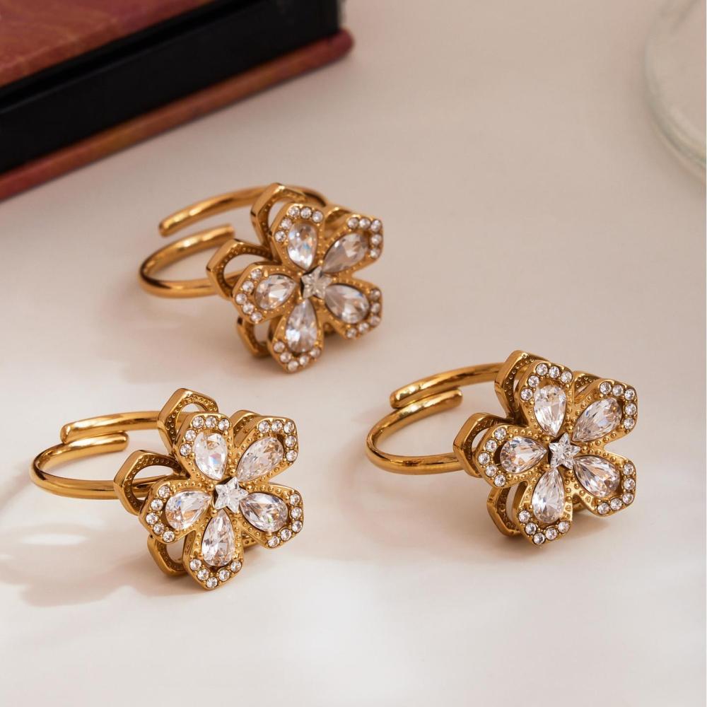 Ensembles De Bijoux Pour Femmes En Acier Inoxydable Doré, Rotatifs, Étanches, Avec Zircon Et Motif Floral Classique h5Image5