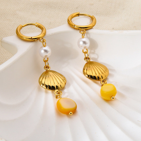 1 paire de boucles d'oreilles pendantes bohèmes en acier inoxydable, couleur or, imperméables, style coquillage.