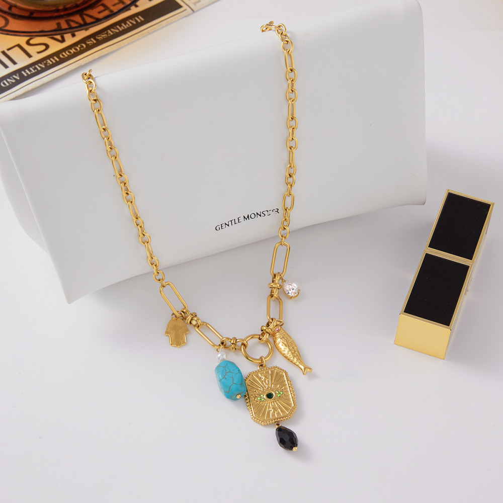 Collier Pendentif Pour Femme En Acier Inoxydable Doré, Orné D'Un Magnifique Œil De Diable Et D'Une Pierre Naturelle (1 Pièce) Image4