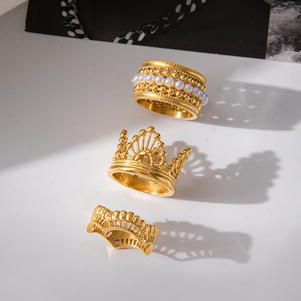 Bague Élégante Pour Femme En Acier Inoxydable Doré, Ornée De Pierres Précieuses Et De Dentelle Tissée (1 Pièce). h5Image5