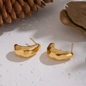 1 Paire De Boucles D'Oreilles À Clous En Acier Inoxydable Doré, Imperméables, Motif Martelé h5 Image3