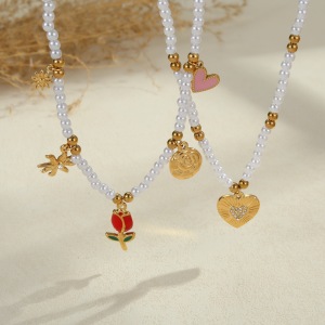 Collier Pendentif Femme Étanche En Acier Inoxydable Avec Pendentif Cœur Et Fleur (1 Pièce) h5 Image2