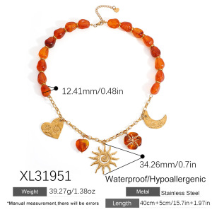 Collier Ethnique Diy Pour Femme, En Acier Inoxydable, Imperméable, Avec Perles, Motif Fleur, Cœur Et Soleil (1 Pièce) h5 