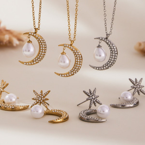 Ensembles De Bijoux Pour Femmes Classic Star&Moon En Acier Inoxydable Étanche, Couleur Or Et Zircon. h5 Image4