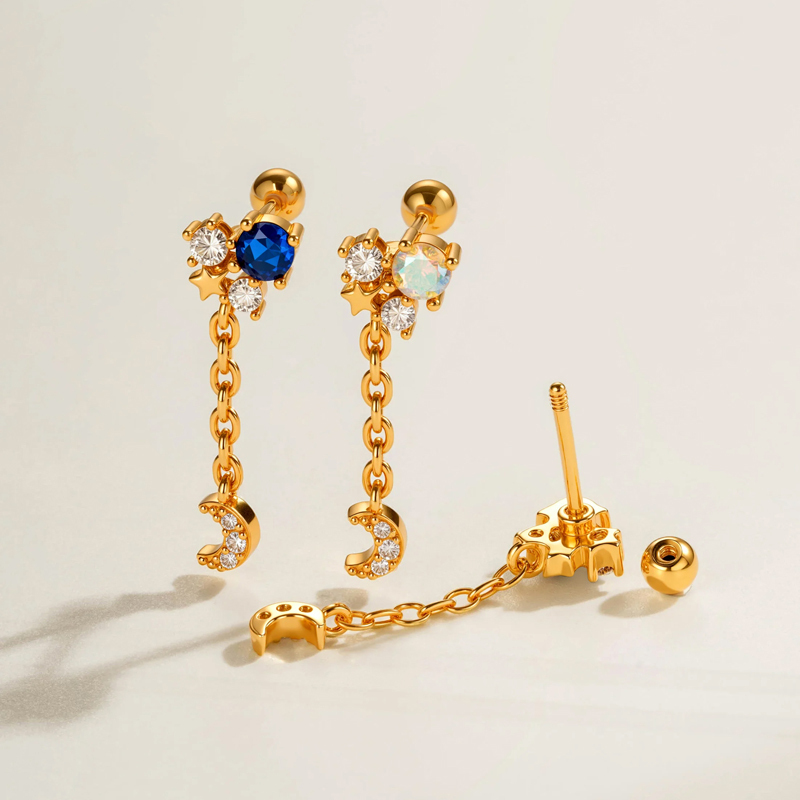 1 Boucle D'Oreille Piercing Pompon Lune Cuivre Or Zircon h5Image3