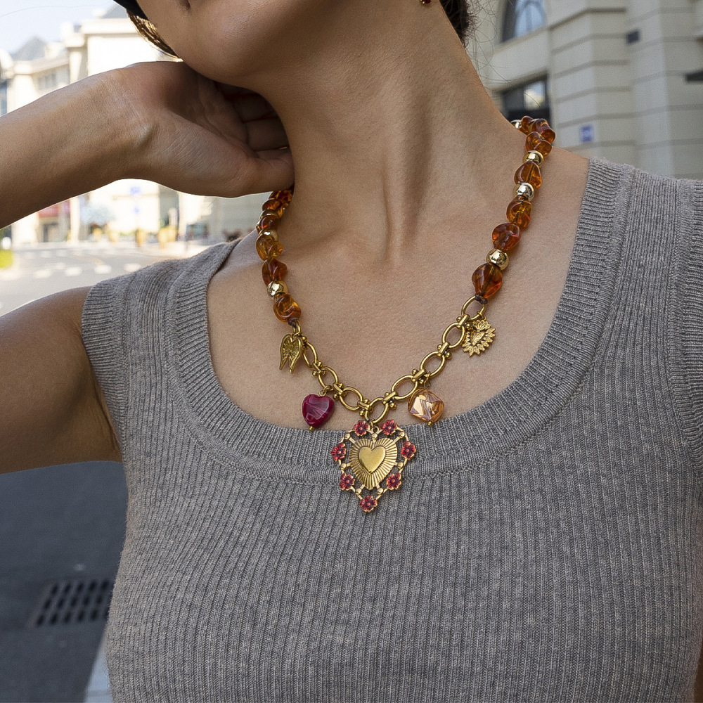 Ensemble De Colliers Et Pendentifs En Forme De Cœur En Acrylique Et Perles Rétro Image4