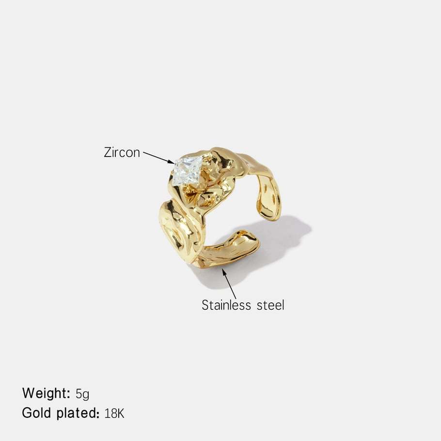 Bague En Acier Inoxydable À Motif Martelé, Étanche, Couleur Or, Avec Zircon. 