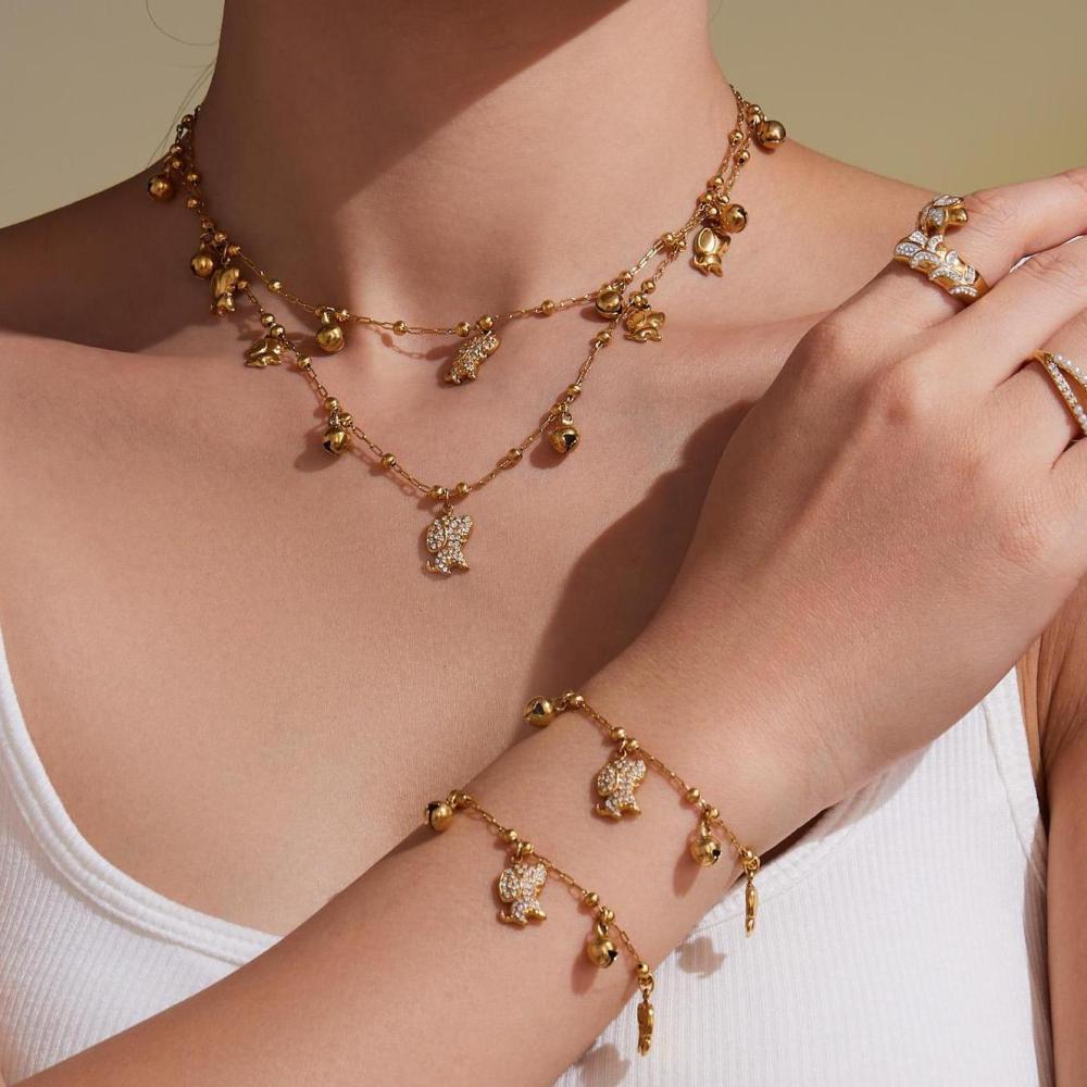 Ensembles De Bijoux Pour Femmes En Acier Inoxydable, Imperméables, Couleur Or, Ornés De Zircon Et Représentant De Délicats Chiots Mignons Image3