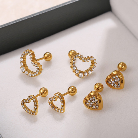 1 paire de boucles d'oreilles piercing en forme de cœur, en acier inoxydable étanche, couleur or, ornées de strass 2