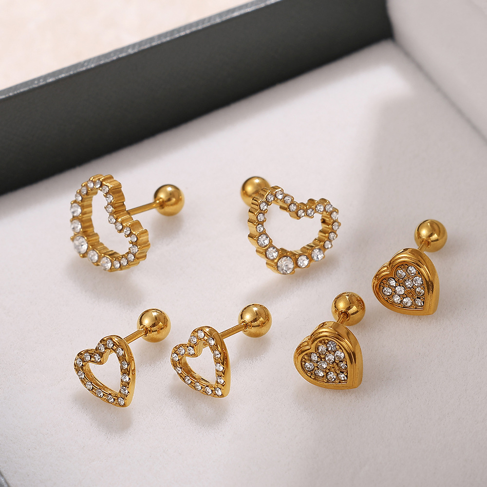 1 Paire De Boucles D'Oreilles Piercing En Forme De Cœur, En Acier Inoxydable Étanche, Couleur Or, Ornées De Strass h5Image2