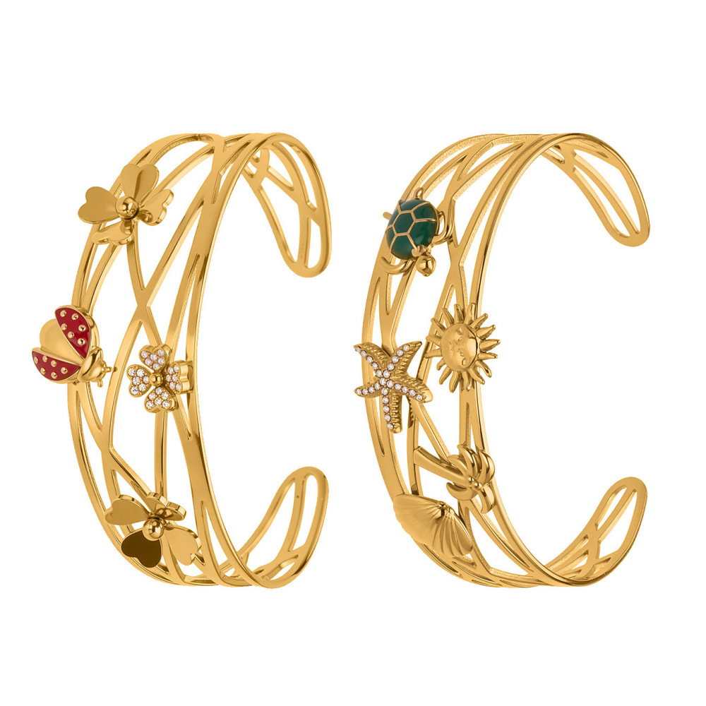 Bracelet Manchette De Luxe Pour Femme, Orné D'Une Coccinelle, En Acier Inoxydable Étanche Et Zircon Doré (1 Pièce). Image5