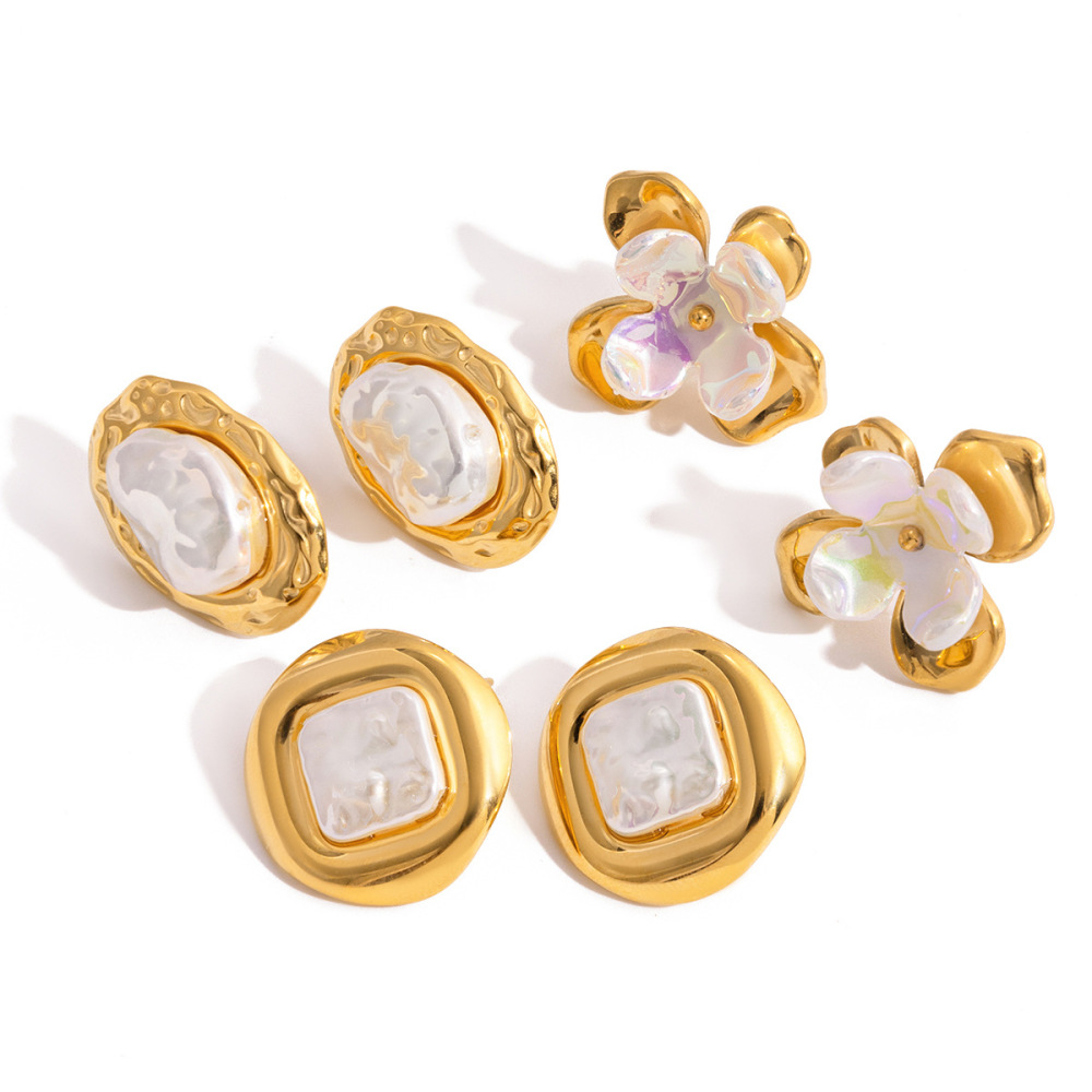 1 Paire De Boucles D'Oreilles Puces Classiques À Motif Floral En Acier Inoxydable Étanche Couleur Or Pour Femme h5Image8