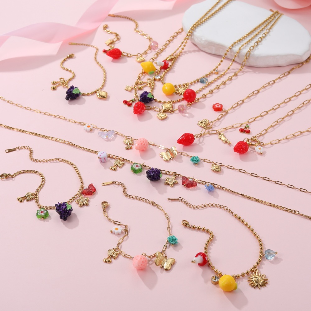 Ensembles De Bijoux Pour Femmes En Acier Inoxydable Étanches, Motif Floral Romantique, Soleil Et Fraise. Image3