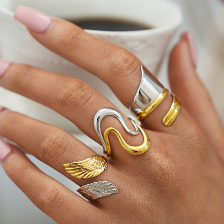 Bague femme rétro en acier inoxydable étanche, or et argent, style ailes (1 pièce).