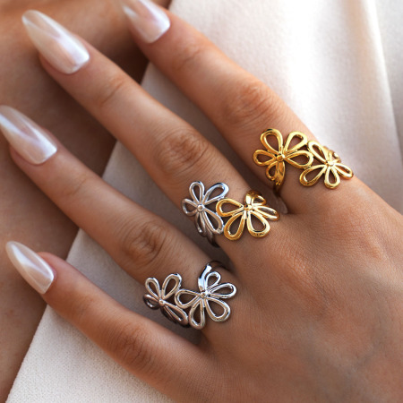 Bague femme en acier inoxydable doré, ornée d'une fleur naturelle (1 pièce) 2