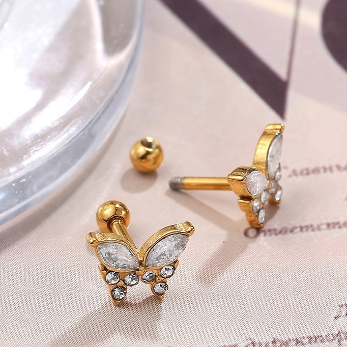 1 Paire De Boucles D'Oreilles Papillon En Acier Inoxydable Étanche Couleur Or Avec Cristal Pour Piercing Image4