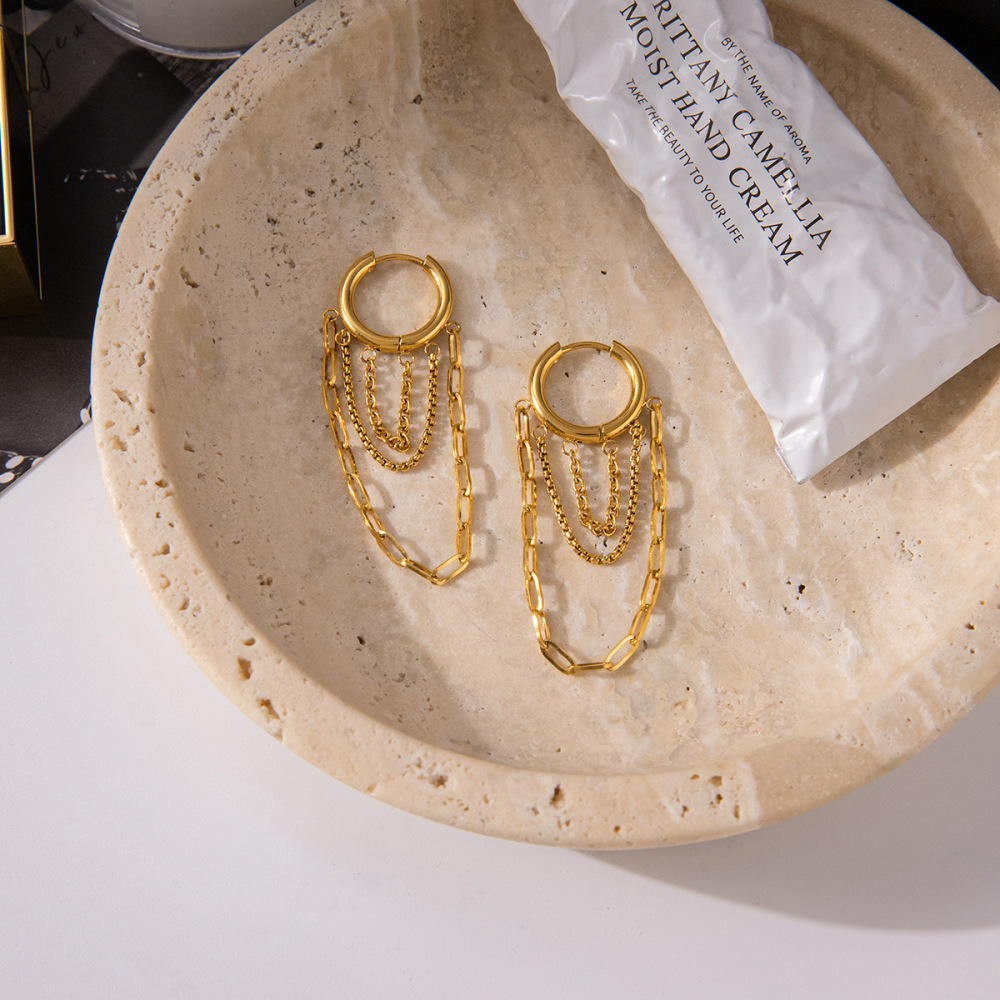 1 Paire De Boucles D'Oreilles Créoles Pour Femme, En Acier Inoxydable Imperméable, Couleur Or, Ornées De Pompons Délicats. Image6