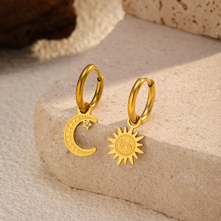 1 paire de boucles d'oreilles pendantes en acier inoxydable doré, couleur lune 2