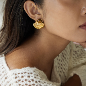 1 Paire De Boucles D'Oreilles Puces Pour Femme, Forme Rétro, En Acier Inoxydable, Couleur Or, Étanches, Avec Pierre Naturelle h5 Image5