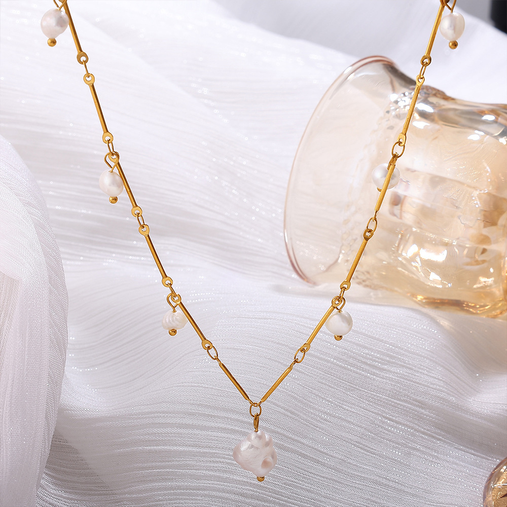 Collier Pendentif Perle Couleur Or En Acier Inoxydable Étanche (1 Pièce) Image3