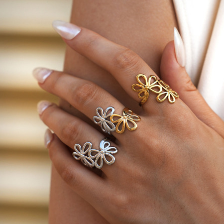 Bague femme en acier inoxydable doré, ornée d'une fleur naturelle (1 pièce)