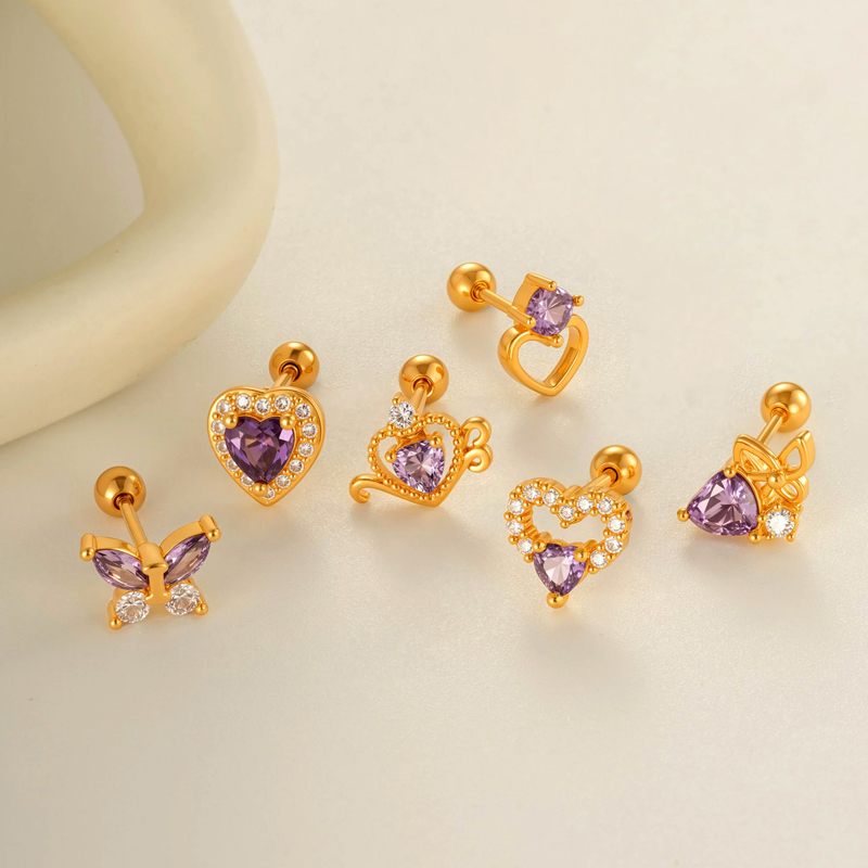 Boucles D'Oreilles Piercing Papillon Violet En Cuivre Et Zircone Pour Femme, 1 Pièce Image4