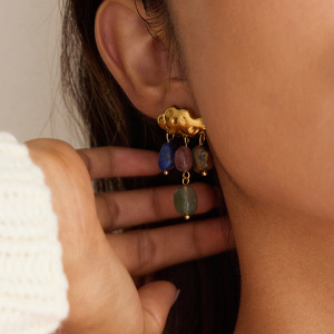 Boucles D'Oreilles Pendantes Pour Femme, En Acier Inoxydable Doré, Ornées D'Une Pierre Naturelle Et D'Un Motif Nuage. 1 Paire h5 Image4