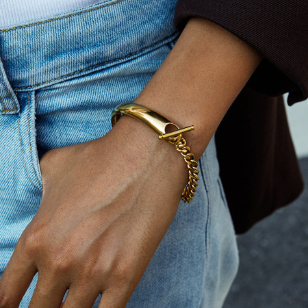 Bracelet chaîne femme simple patchwork en acier inoxydable étanche couleur or (1 pièce) 2