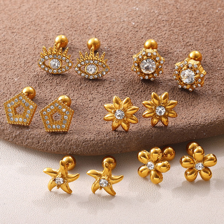 1 paire de boucles d'oreilles à clous en acier inoxydable doré, imperméables, ornées de strass et motif floral 2
