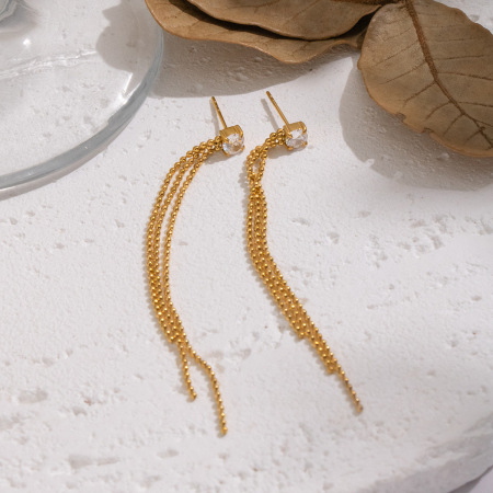 Boucles d'oreilles pendantes à pompon en acier inoxydable, étanches, couleur or, avec zircon (1 paire)