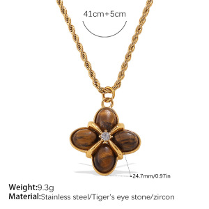 Collier Pendentif Rétro En Acier Inoxydable Doré Avec Pierre Naturelle Et Fleur (1 Pièce) h5