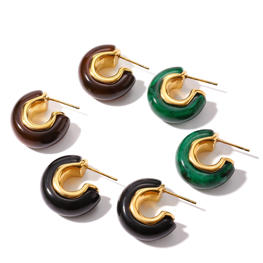 1 Paire De Boucles D'Oreilles Créoles Rétro En Résine Couleur Or Pour Femme Image6