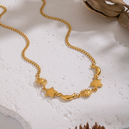 Collier pendentif rétro soleil, étoile et lune en acier inoxydable étanche couleur or (1 pièce) 2