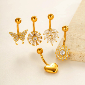 Piercing De Nombril Élégant En Forme De Fleur, De Cœur Et De Papillon, Couleur Cuivre Et Or, Zircon h5 Image4