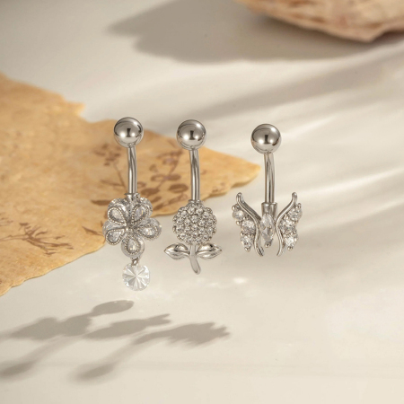 Piercing de nombril 1 pièce en cuivre et zircon, motif papillon et fleur