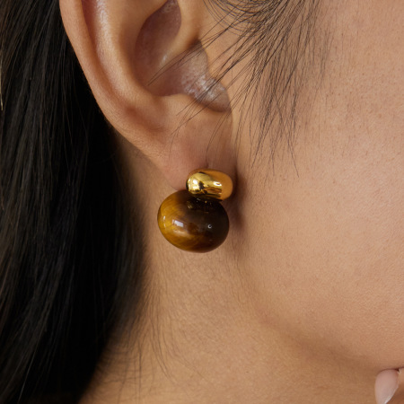 1 paire de boucles d'oreilles puces ovales classiques en acier inoxydable, étanches, couleur or, avec pierre naturelle pour femme