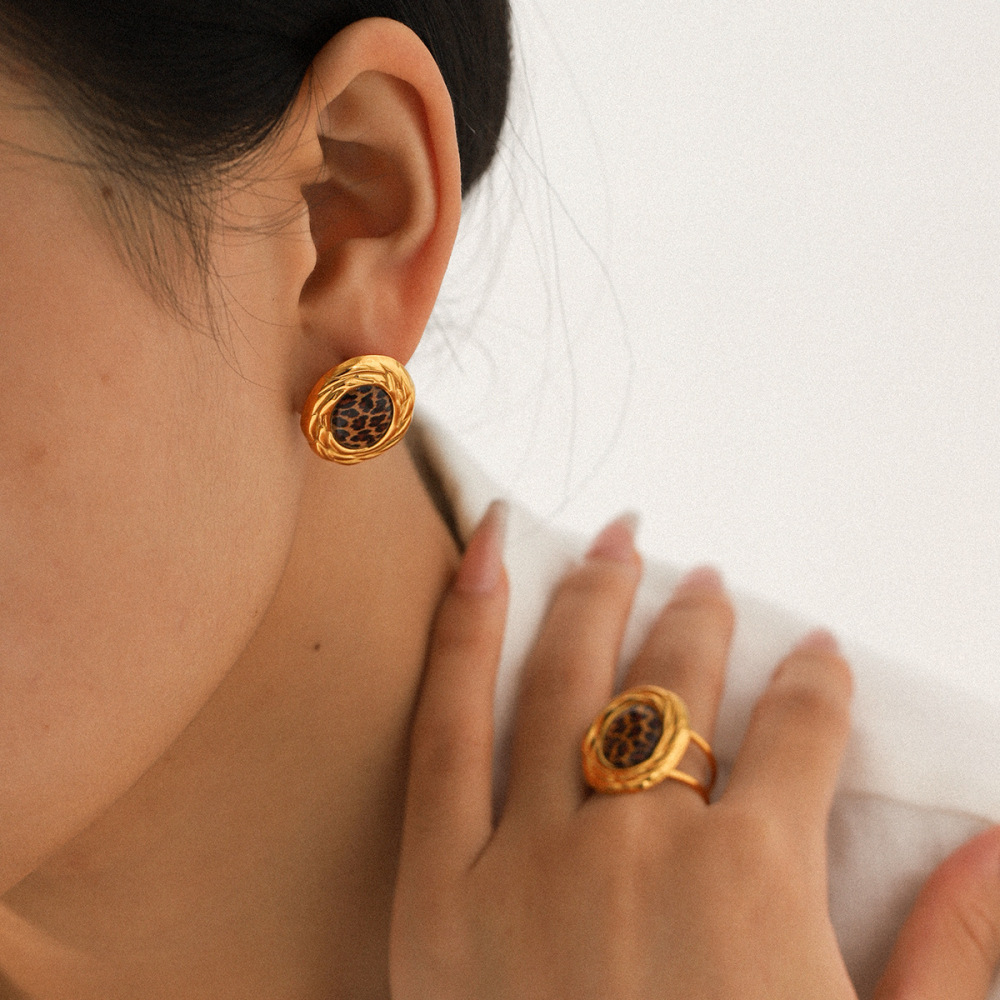 1 Paire De Boucles D'Oreilles Puces En Acier Inoxydable Doré, Imprimé Léopard Image4