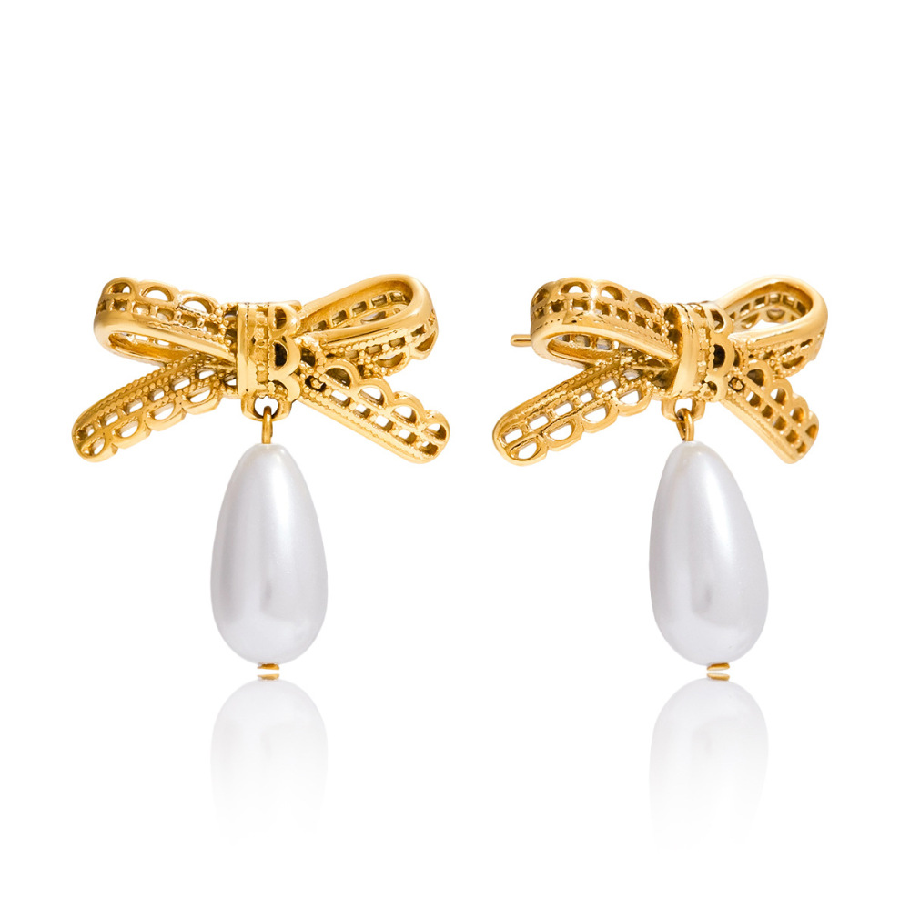 Boucles D'Oreilles Pendantes Romantiques En Acier Inoxydable Doré, Avec Nœud Papillon, Pour Femme (1 Paire).