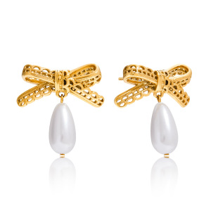Boucles D'Oreilles Pendantes Romantiques En Acier Inoxydable Doré, Avec Nœud Papillon, Pour Femme (1 Paire). h5