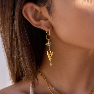 1 Paire De Boucles D'Oreilles Pendantes Luxueuses En Acier Inoxydable Doré, En Forme De Cœur Et D'Œil De Diable, Imperméables. h5 Image3