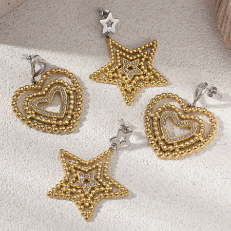 Boucles d'oreilles pendantes en acier inoxydable doré, étanches, en forme de cœur et d'étoile (1 paire)