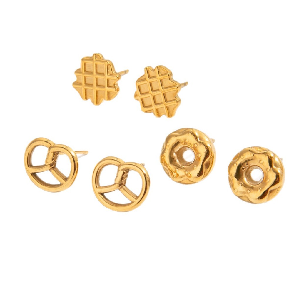 1 Paire De Boucles D'Oreilles Puces Pour Femme, En Acier Inoxydable Étanche, Couleur Or, En Forme De Donut Mignon. Image6