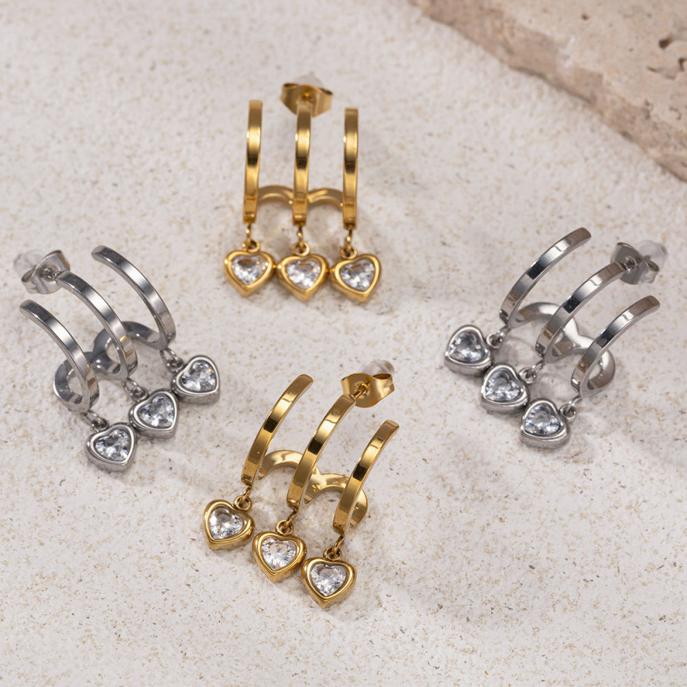 Boucles D'Oreilles Pendantes En Forme De Cœur, En Acier Inoxydable Étanche, Couleur Or, Avec Zircon. Image2