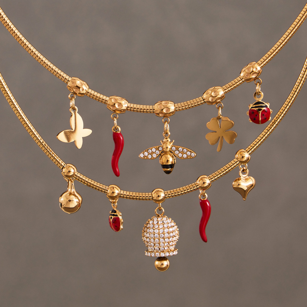 Collier Pendentif Femme Sophistiqué En Acier Inoxydable, Couleur Or, Orné D'Un Zircon Et Représentant Une Abeille (1 Pièce) Image4