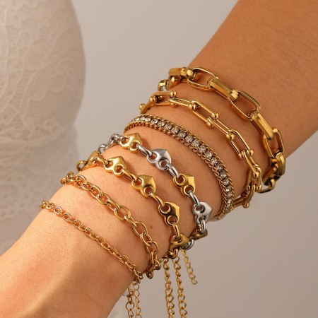Ensemble de bracelets classiques en acier inoxydable imperméable couleur or avec motif cœur