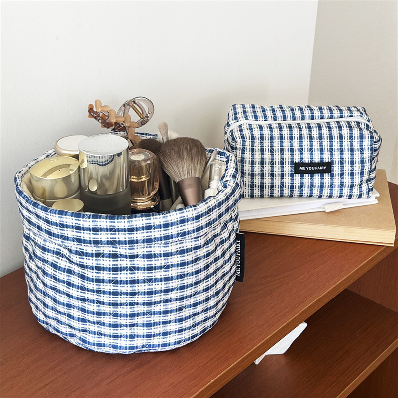 Trousse De Maquillage Simple Et Décontractée À Carreaux Bleus Pour Femme, 1 Pièce Image2