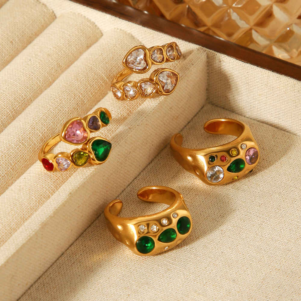 Bague Pour Femme En Acier Inoxydable Doré, Élégante Et Luxueuse, De Forme Irrégulière, Étanche, Ornée D'Un Zircon. Image5
