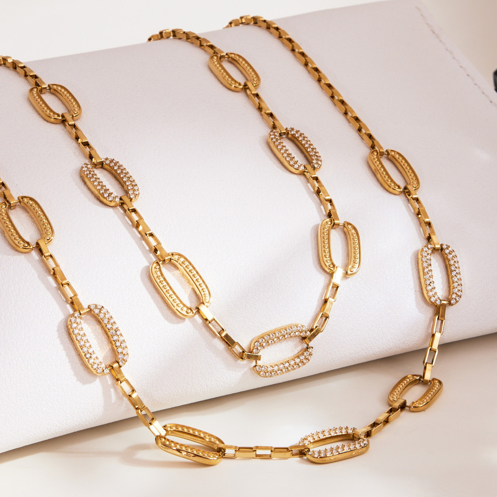 Ensembles De Bijoux Pour Femmes En Acier Inoxydable Rectangulaire, Étanches, Couleur Or Et Zircon, Personnalisables Image2