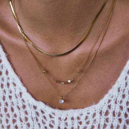 Collier à plusieurs rangs pour femme, en acier inoxydable doré, orné d'un zircon, style moderne rond et étanche (1 pièce) 2