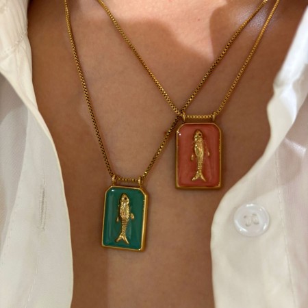 Collier pendentif en acier inoxydable, émail doré, 1 pièce, en forme de poisson